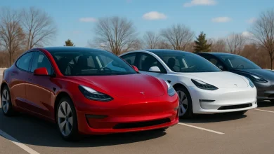The image features three electric vehicles parked in a lot, prominently displayed in a row.