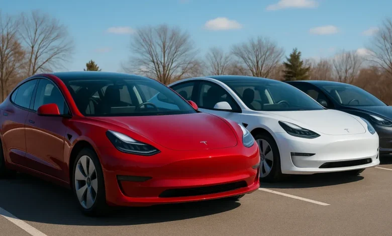 The image features three electric vehicles parked in a lot, prominently displayed in a row.