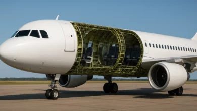 The image features a partially visible aircraft with a cutaway section revealing its internal structure.
