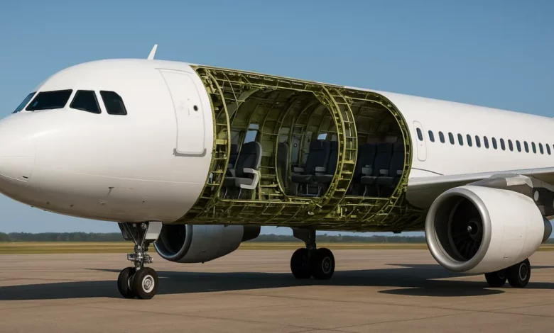 The image features a partially visible aircraft with a cutaway section revealing its internal structure.
