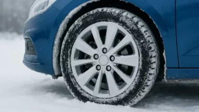 На зображенні видно передню шину автомобіля, покриту снігом, що частково присипана білим порошком.