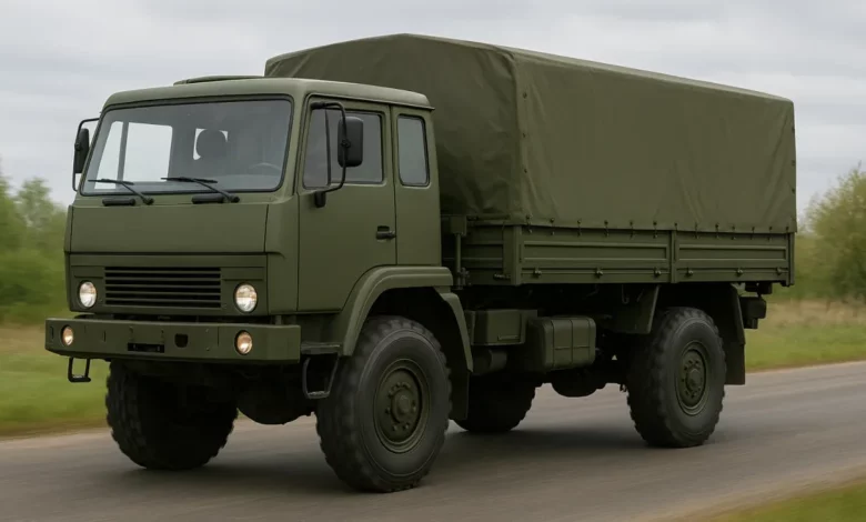 На зображенні зображено військову вантажівку з простим кузовом, яка рухається по дорозі.