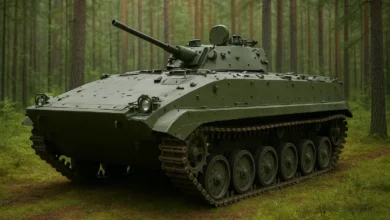На фото зображений гусеничний бронетранспортер, що знаходиться в лісі серед дерев.
